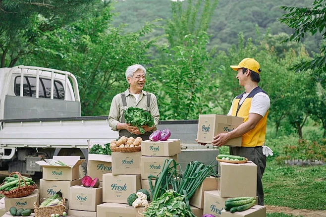 配送、冷藏配送、纸箱、蔬菜、农业、农民、农作物、直接从农场、卡车图片下载
